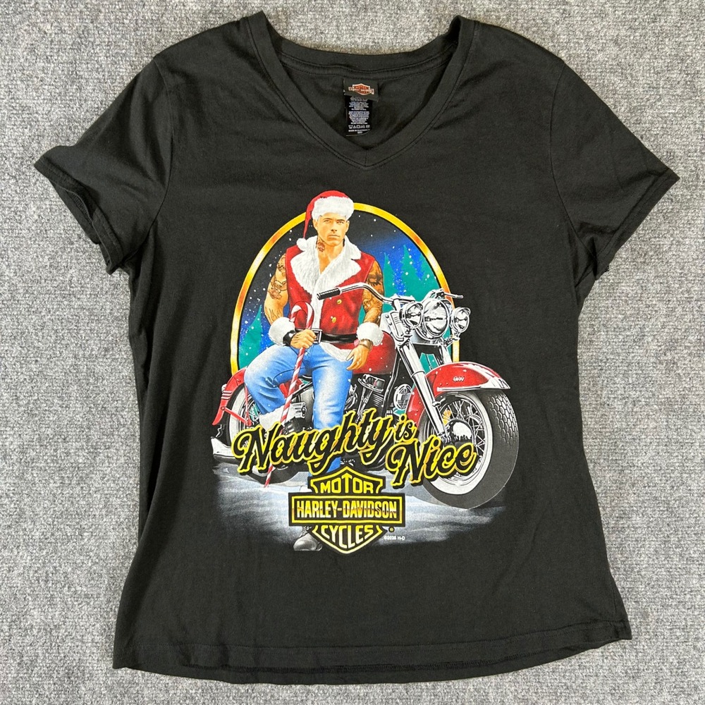 Harley-Davidson Naughty is Nice Christmas Biker Graphic V-Neck T-Shirt Medium